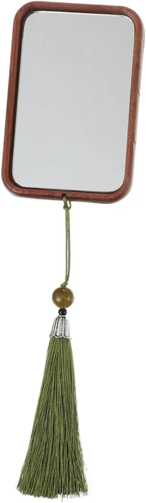 Mikinona Wooden Carved Mirror for Makeup Vintage Makeup Mirror Tassel for Travel