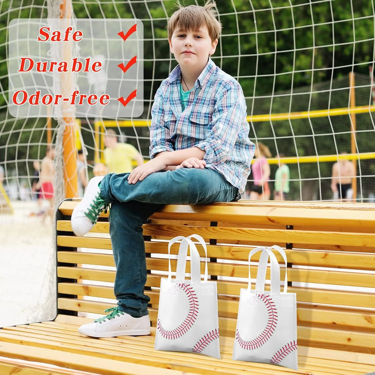 Mimind 24 Piece Baseball Non-Woven Party Favor Bags with Handles - 7.8 x 7.8 Inch Goodie Treat Candy Bags for Sports Theme Party, Baby Shower, Birthday