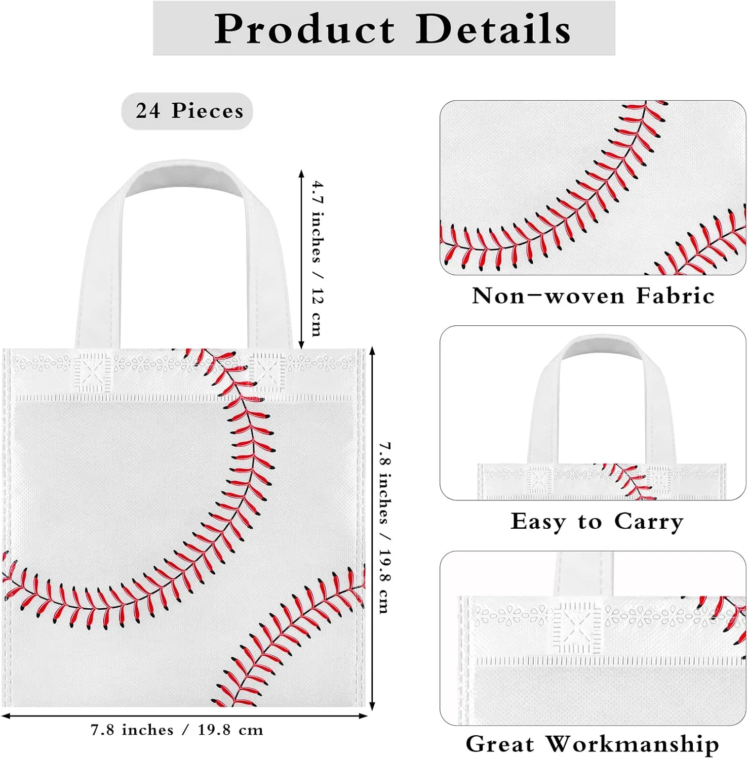 Mimind 24 Piece Baseball Non-Woven Party Favor Bags with Handles - 7.8 x 7.8 Inch Goodie Treat Candy Bags for Sports Theme Party, Baby Shower, Birthday