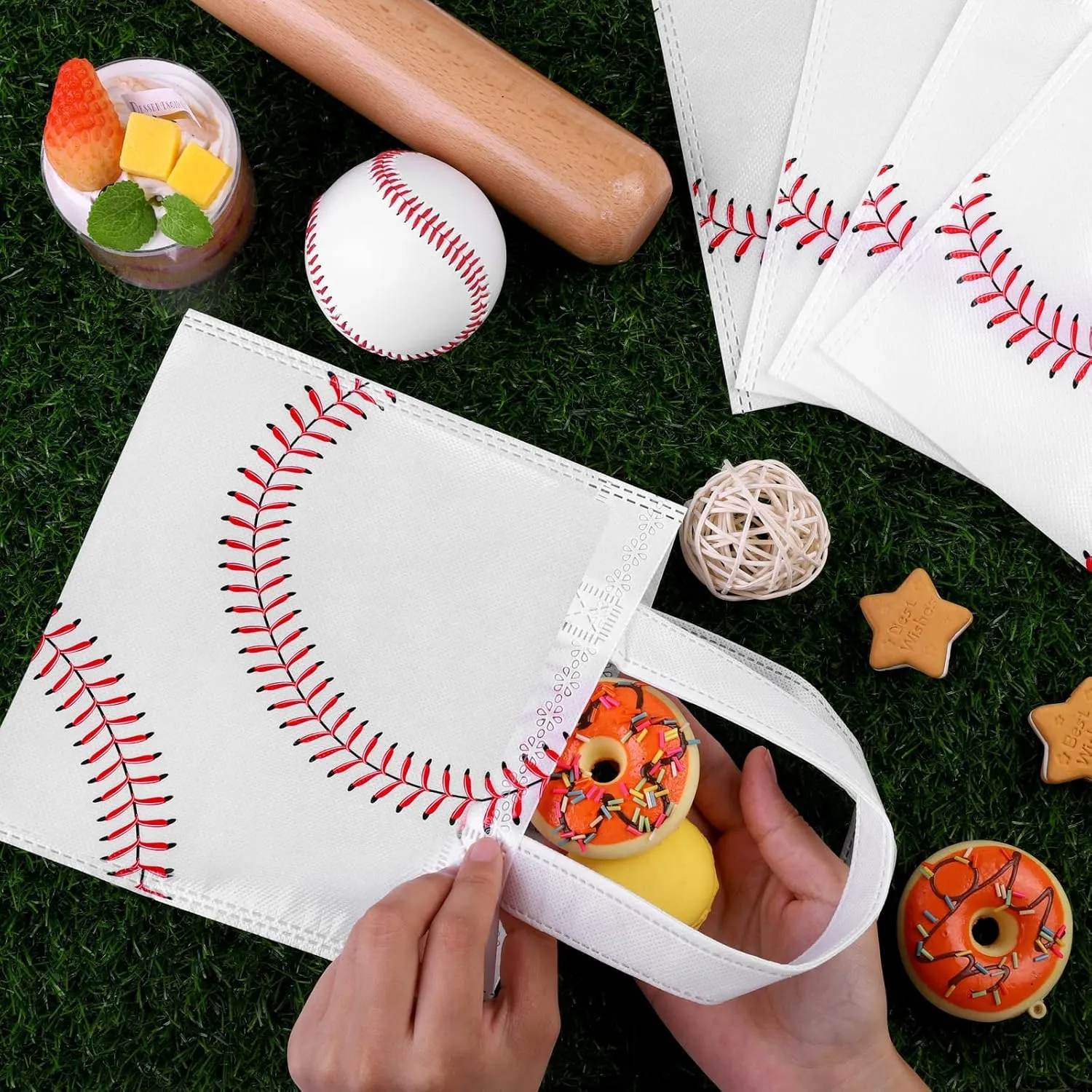 Mimind 24 Piece Baseball Non-Woven Party Favor Bags with Handles - 7.8 x 7.8 Inch Goodie Treat Candy Bags for Sports Theme Party, Baby Shower, Birthday