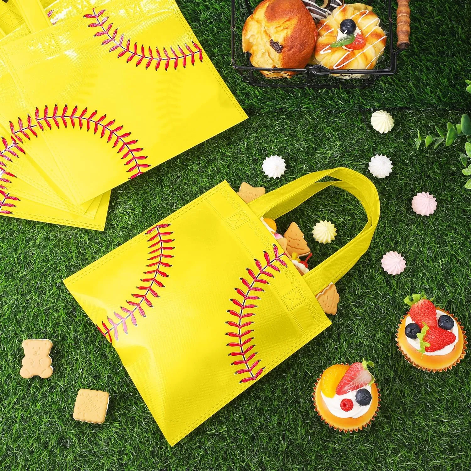Mimind 24 Softball Non-Woven Party Favor Bags with Handles - 7.8 x 7.8 Inch Goodie Treat Candy Bags for Sports Theme Party, Baby Shower, Birthday