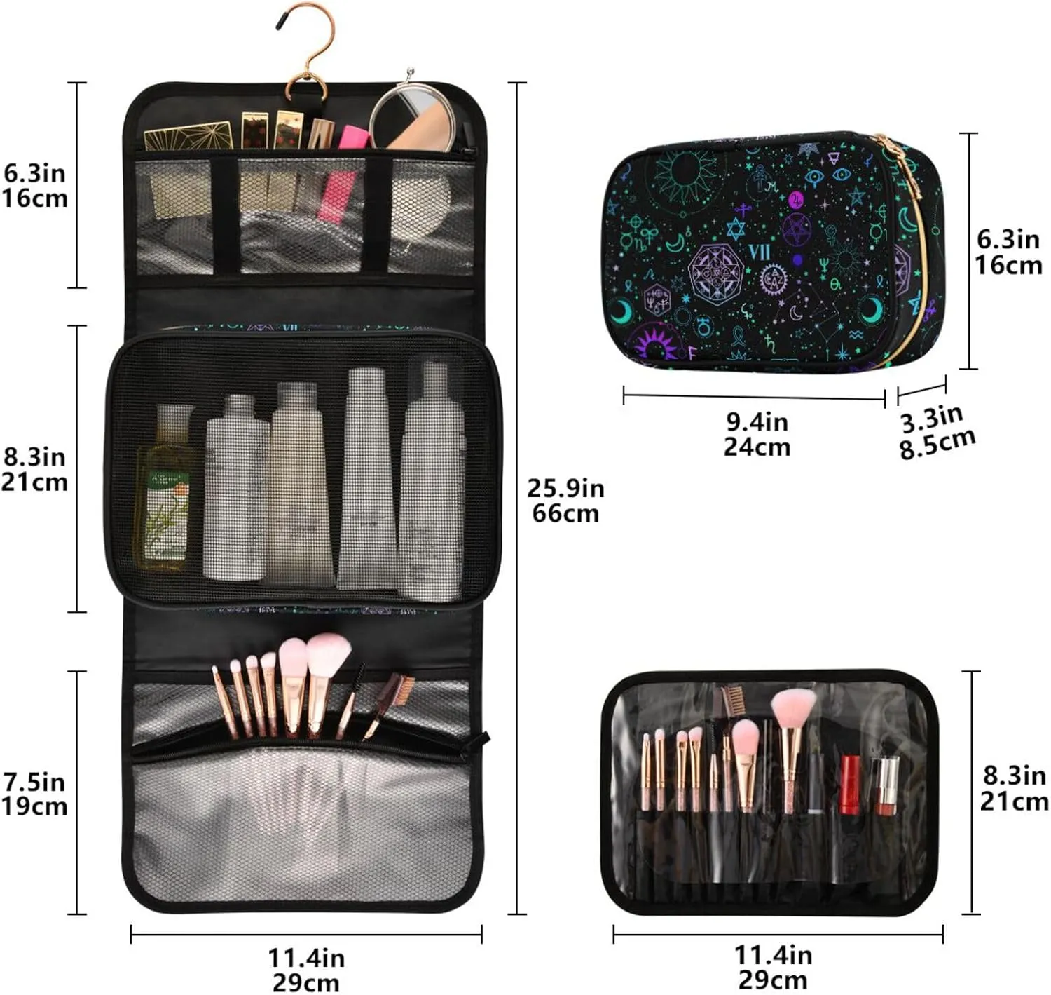 MNSRUU Toiletry Bag Galaxy Symbols Boho Hanging Makeup Bag for Toiletries 3 PCS Travel Toiletry Organizer Bags Portable Clear Toiletry Kit