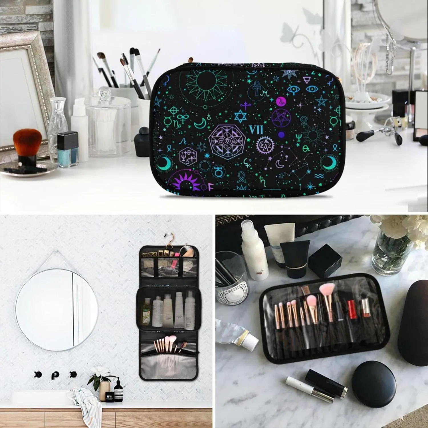 MNSRUU Toiletry Bag Galaxy Symbols Boho Hanging Makeup Bag for Toiletries 3 PCS Travel Toiletry Organizer Bags Portable Clear Toiletry Kit