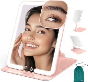 Mocado Travel Makeup Mirror with Light - Tripple Folding Travel Mirror with Light, 3 Colors Lighted Makeup Mirror, Portable Vanity Mirror with Light, Freely Adjust Height and Angle(Pink)
