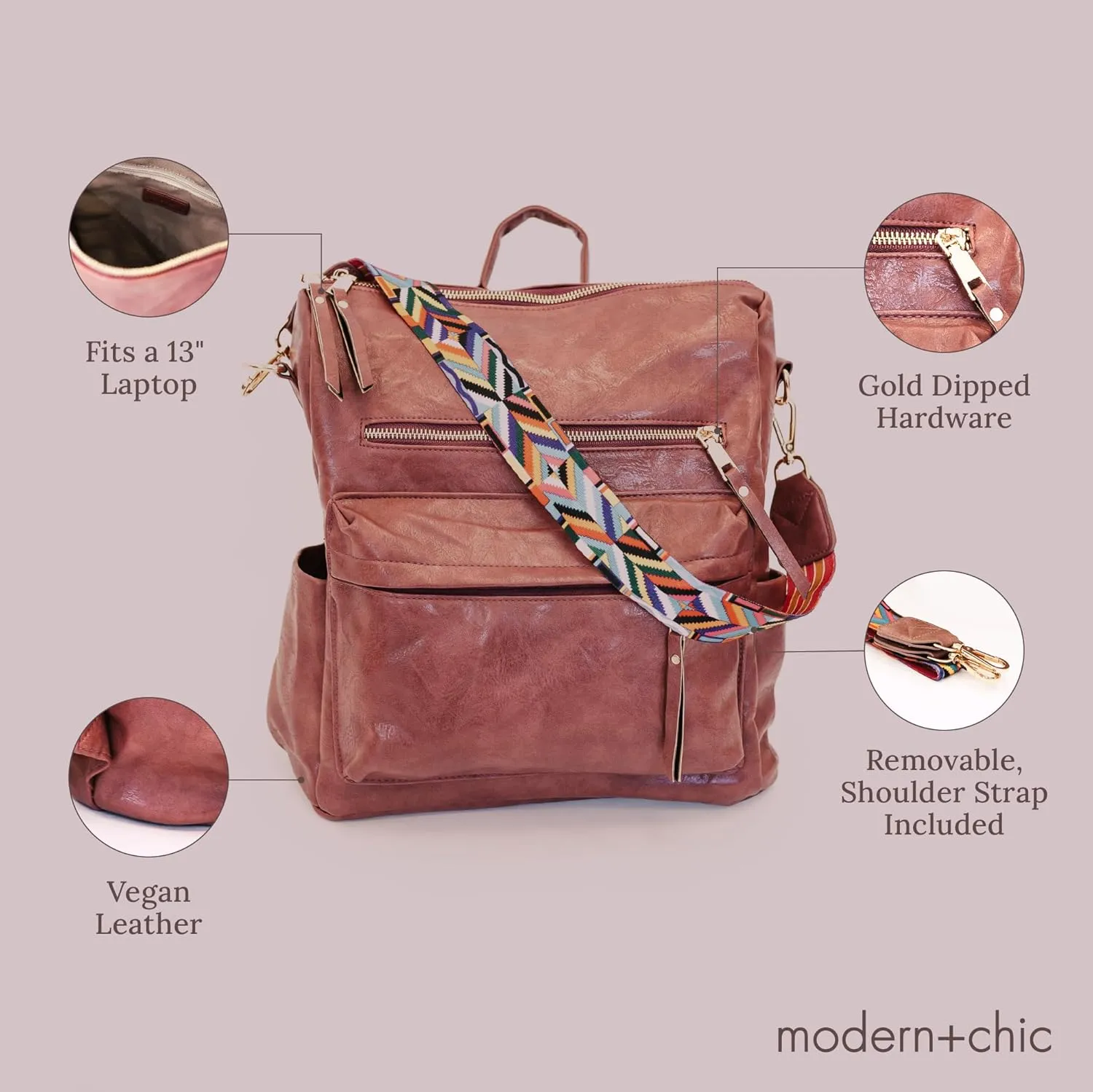 Modern Chic Backpack Purse for Women - Brielle Convertible Bag, Use as Diaper & Shoulder Bag, or Womens Backpack, Made of Vegan Leather w/Removable Strap and Exterior/Interior Pockets (Taffy Pink)