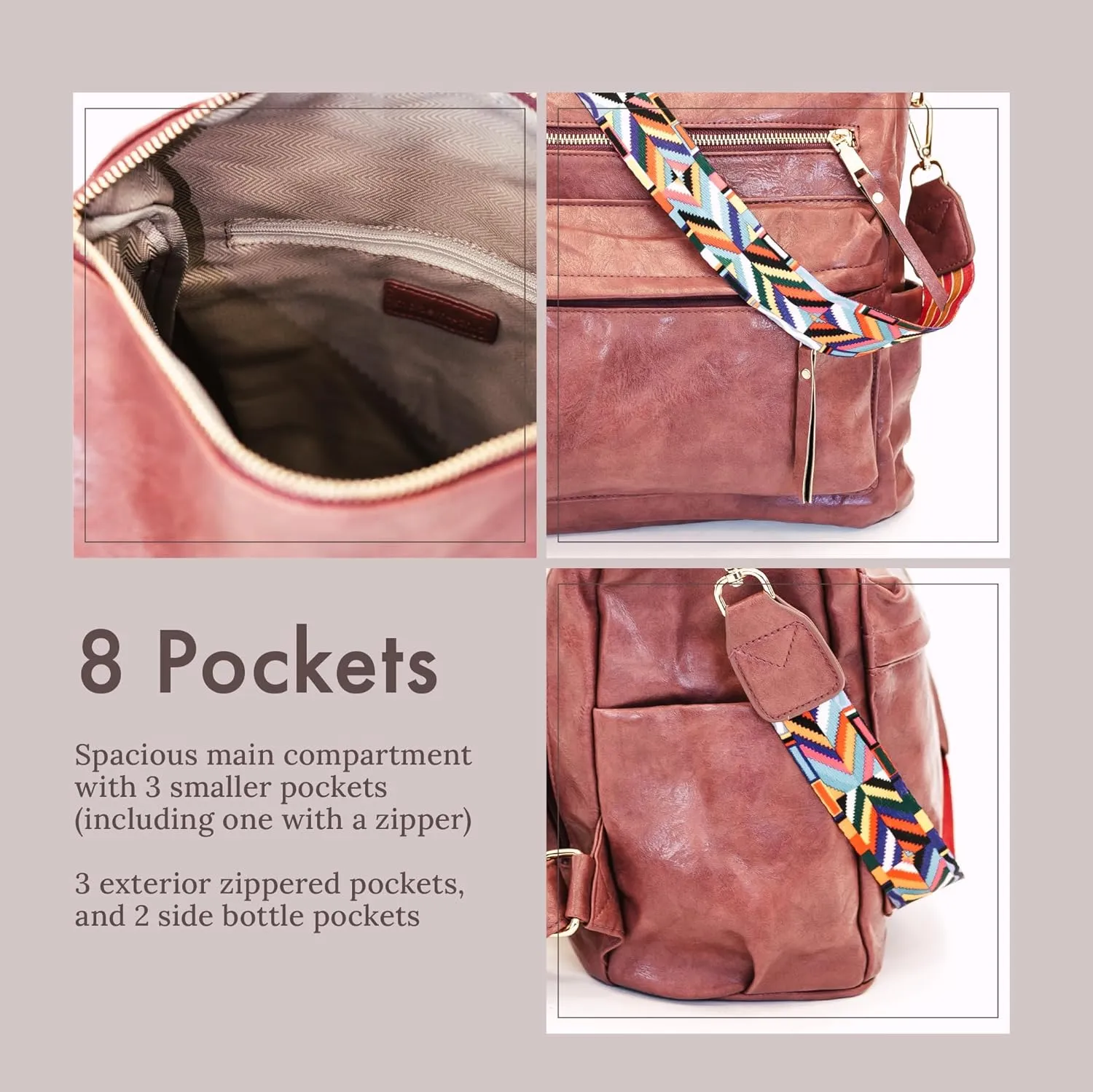 Modern Chic Backpack Purse for Women - Brielle Convertible Bag, Use as Diaper & Shoulder Bag, or Womens Backpack, Made of Vegan Leather w/Removable Strap and Exterior/Interior Pockets (Taffy Pink)