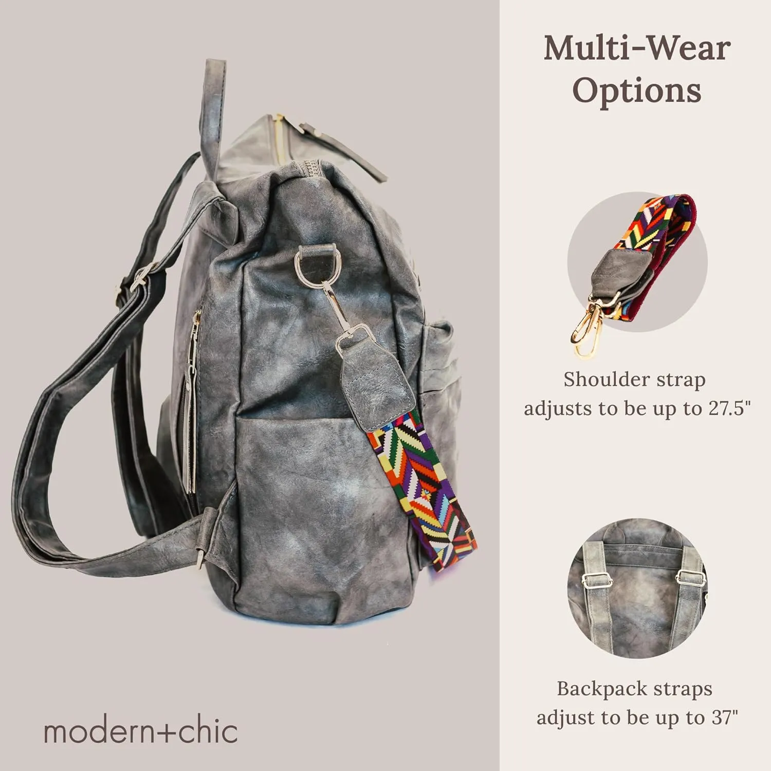 Modern Chic Backpack Purse for Women - Brielle Convertible Bag, Use as Diaper Bag, Shoulder Bag, or Womens Backpack, Made of Vegan Leather with Removable Strap and Exterior/Interior Pockets (Grey)