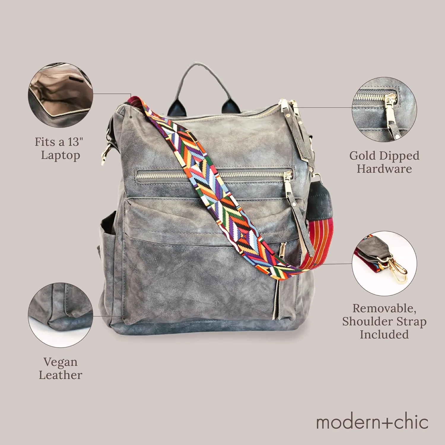 Modern Chic Backpack Purse for Women - Brielle Convertible Bag, Use as Diaper Bag, Shoulder Bag, or Womens Backpack, Made of Vegan Leather with Removable Strap and Exterior/Interior Pockets (Grey)