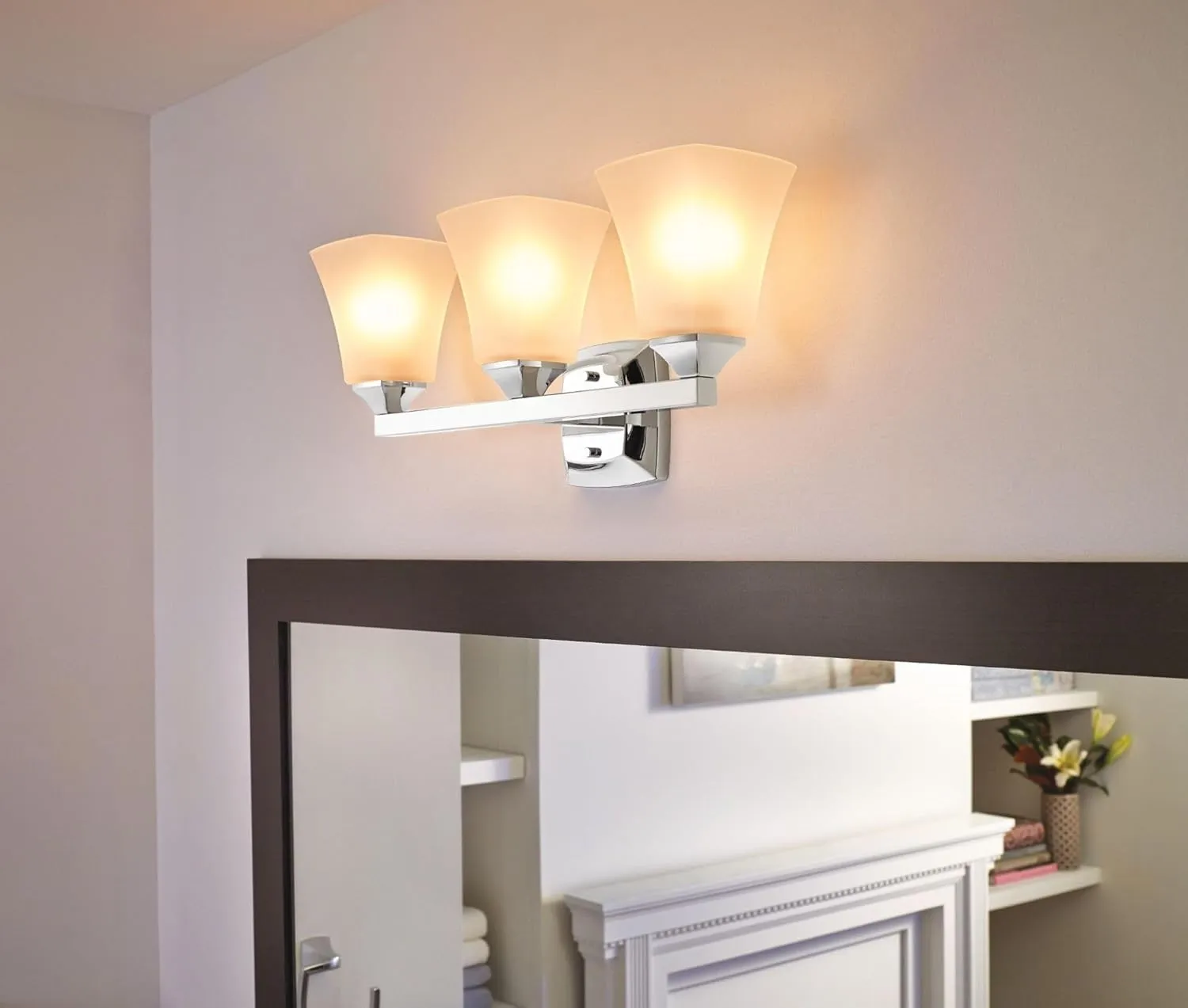 Moen YB5163CH Voss 3-Light Dual-Mount Bath Bathroom Vanity Fixture with Frosted Glass, Chrome