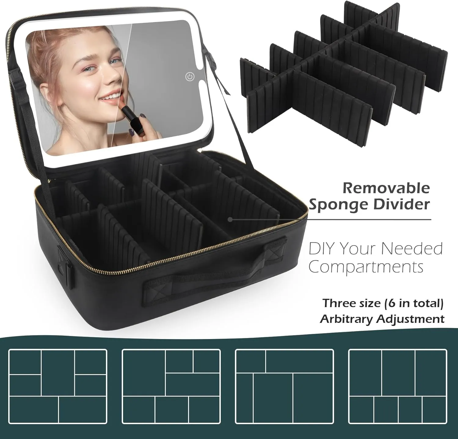 MOMIRA Large Makeup Train Case with Lighted and Mirror Partitionable Cosmetic Bag Travel Makeup Case Professional Cosmetic Artist Organizer, Waterproof Portable, with Shoulder Stra