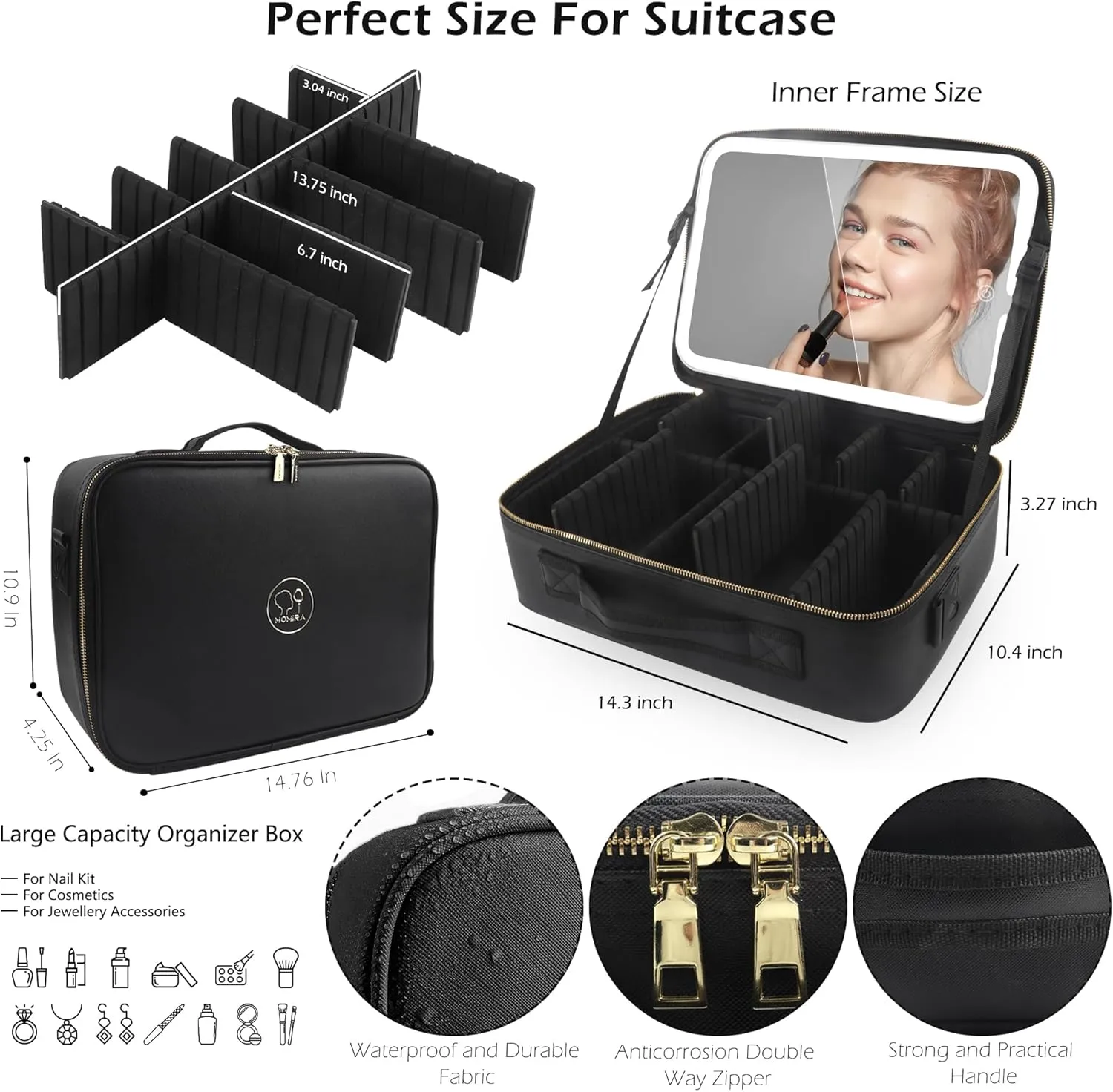 MOMIRA Large Makeup Train Case with Lighted and Mirror Partitionable Cosmetic Bag Travel Makeup Case Professional Cosmetic Artist Organizer, Waterproof Portable, with Shoulder Stra