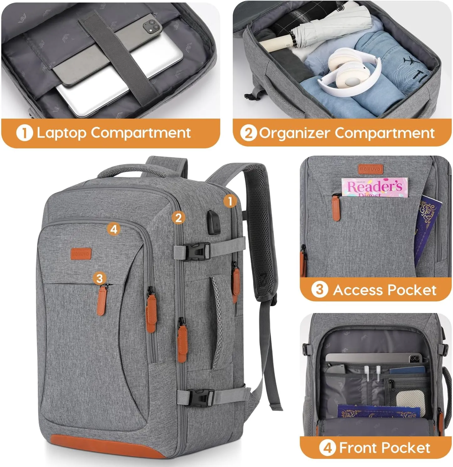 MOMUVO Travel Backpack,40L Extra Large Carry on Backpack with 3 Packing Cubes Airplane Approved with USB Port College School Backpack for Travel Business University