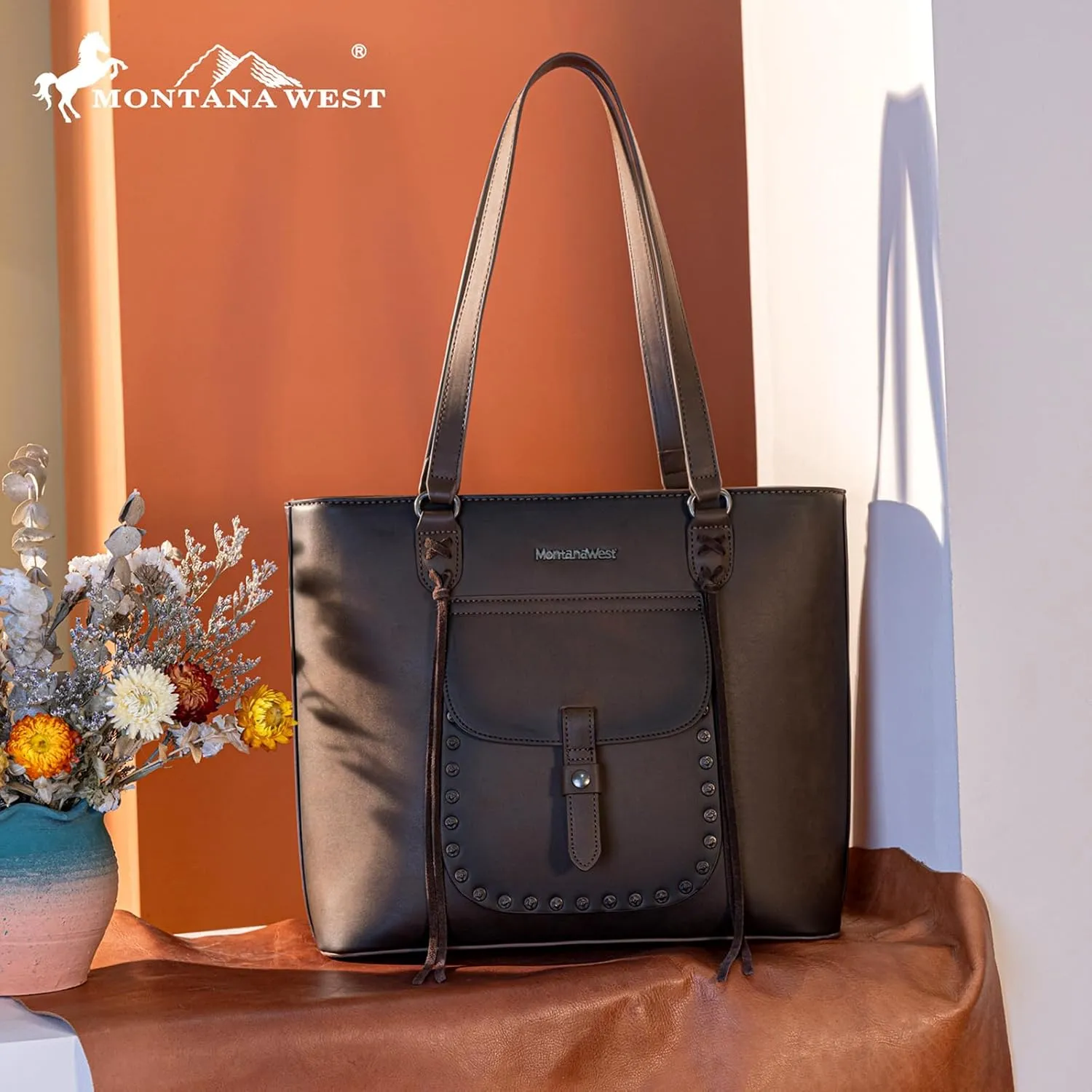 Montana West Western Two-Tone Large Tote Bag for Women Vintage Top Handle Ladies Shoulder Bags