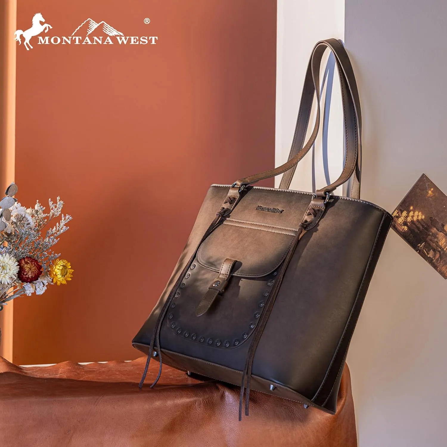 Montana West Western Two-Tone Large Tote Bag for Women Vintage Top Handle Ladies Shoulder Bags