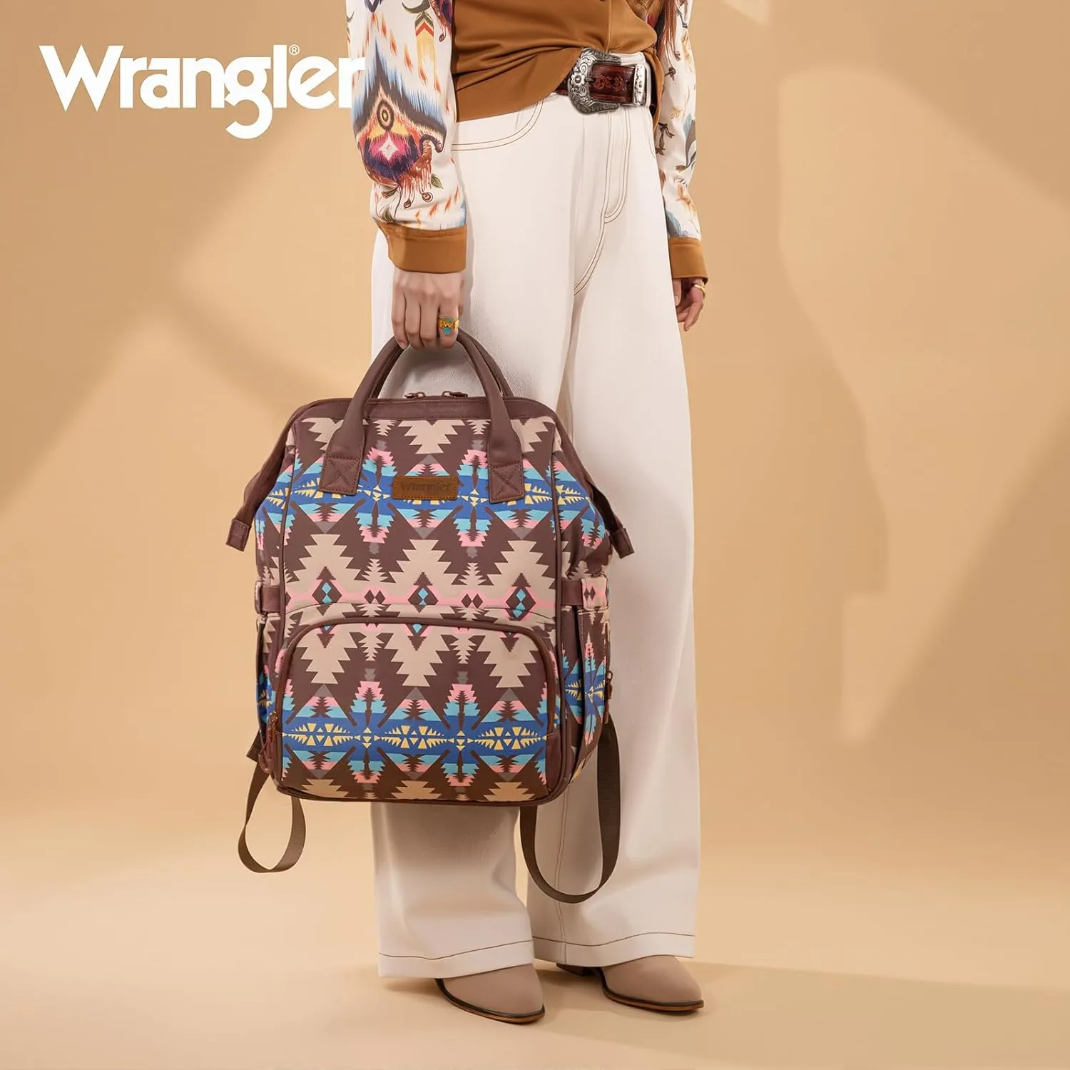 Montana West x Wrangler Diaper Bag Backpack Aztec Travel Backpack Purses Western Multi-Function Baby Bags for Mom with Waterproof Insulated Pockets