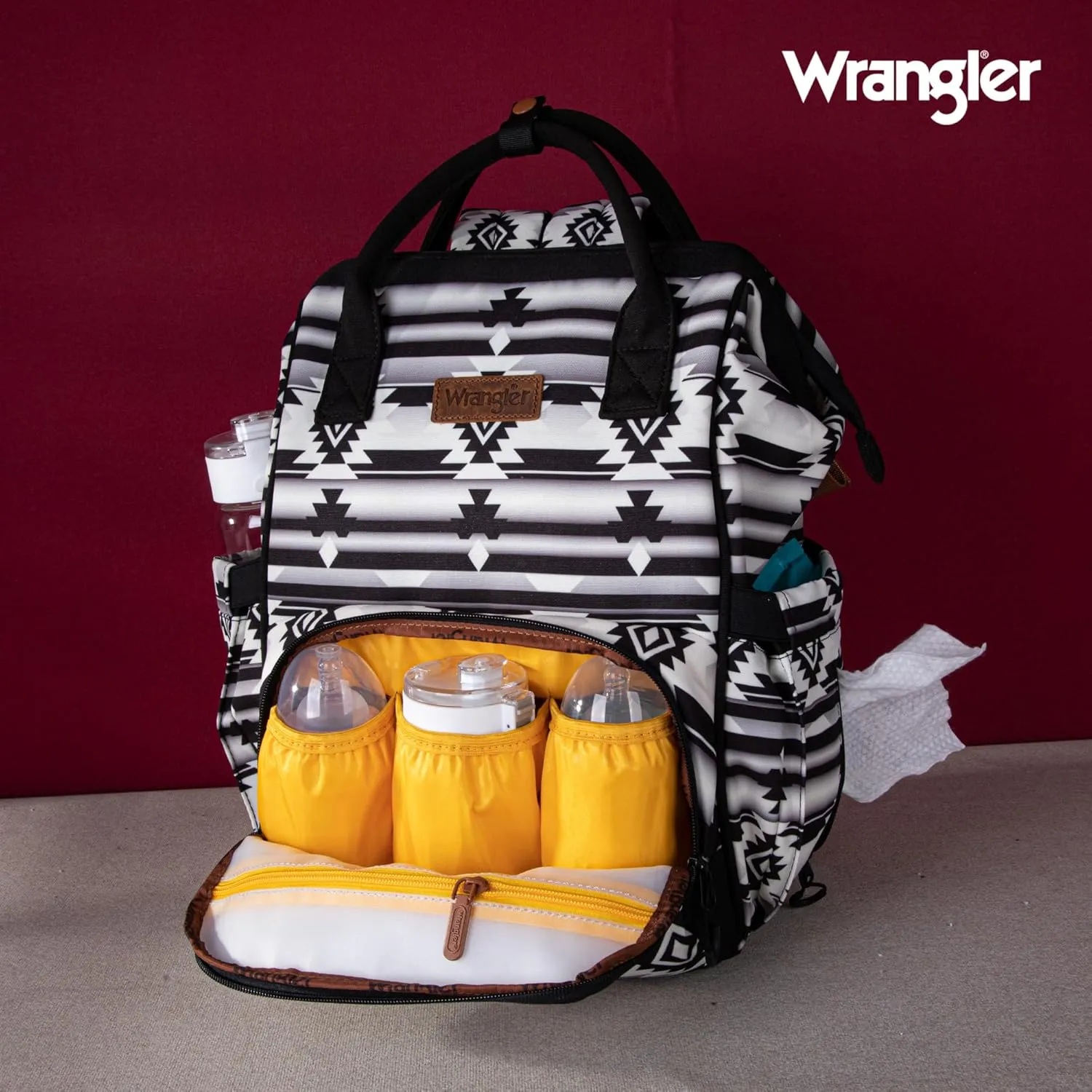 Montana West x Wrangler Diaper Bag Backpack Aztec Travel Backpack Purses Western Multi-Function Baby Bags for Mom with Waterproof Insulated Pockets