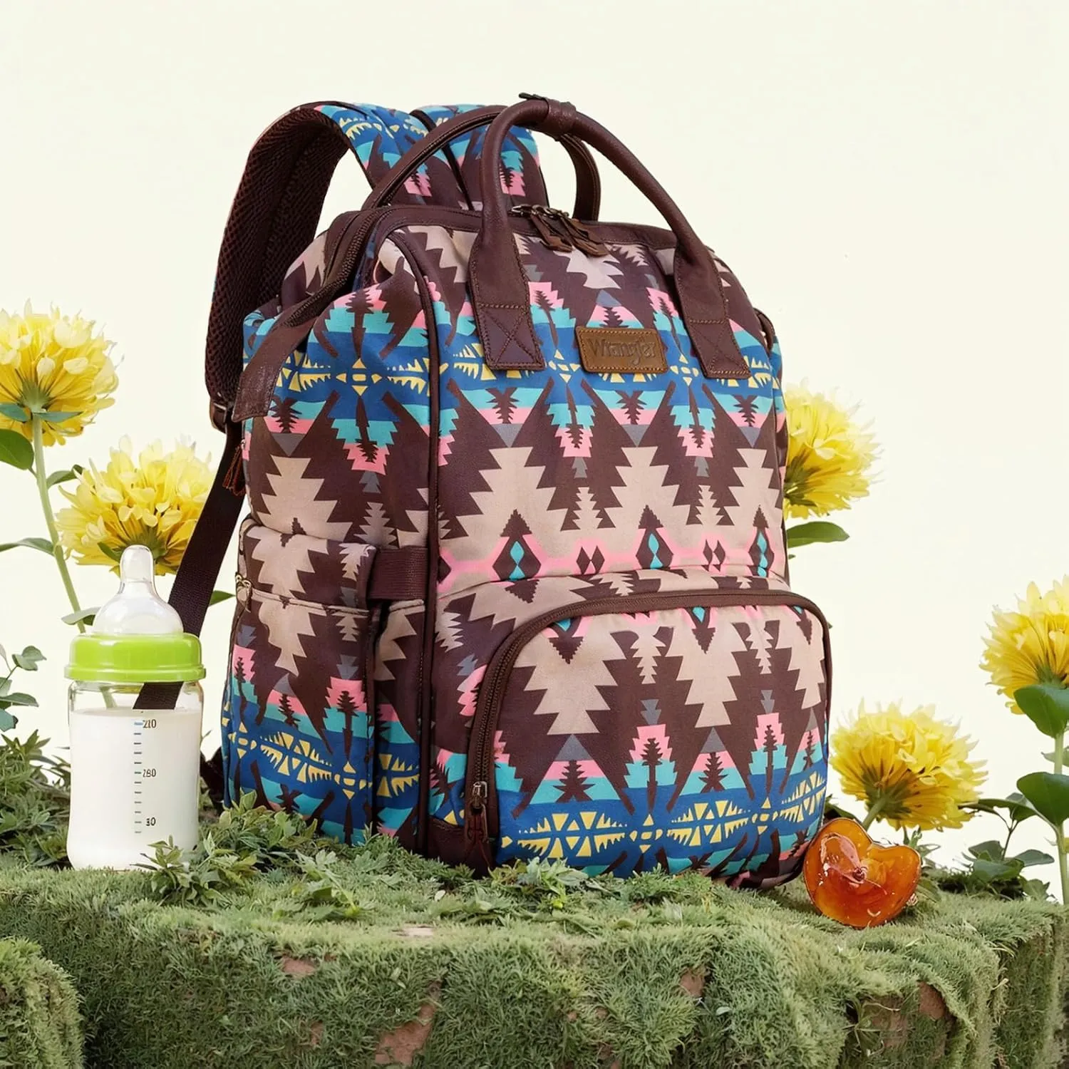 Montana West x Wrangler Diaper Bag Backpack Aztec Travel Backpack Purses Western Multi-Function Baby Bags for Mom with Waterproof Insulated Pockets