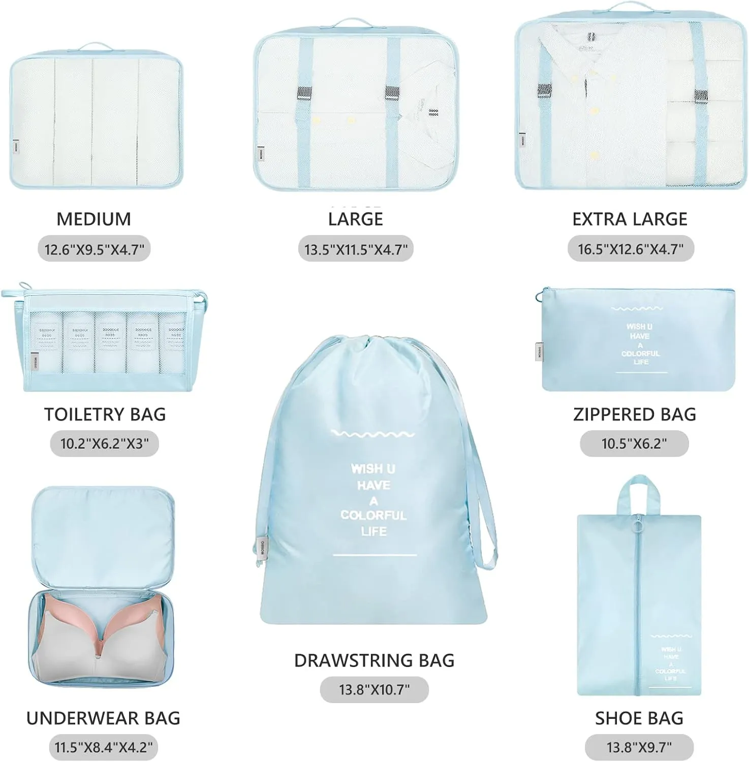 Mossio 8 Set Packing Cubes with Shoe Bag - Travel Luggage Organizer for Suitcase Clothes Storage Bag