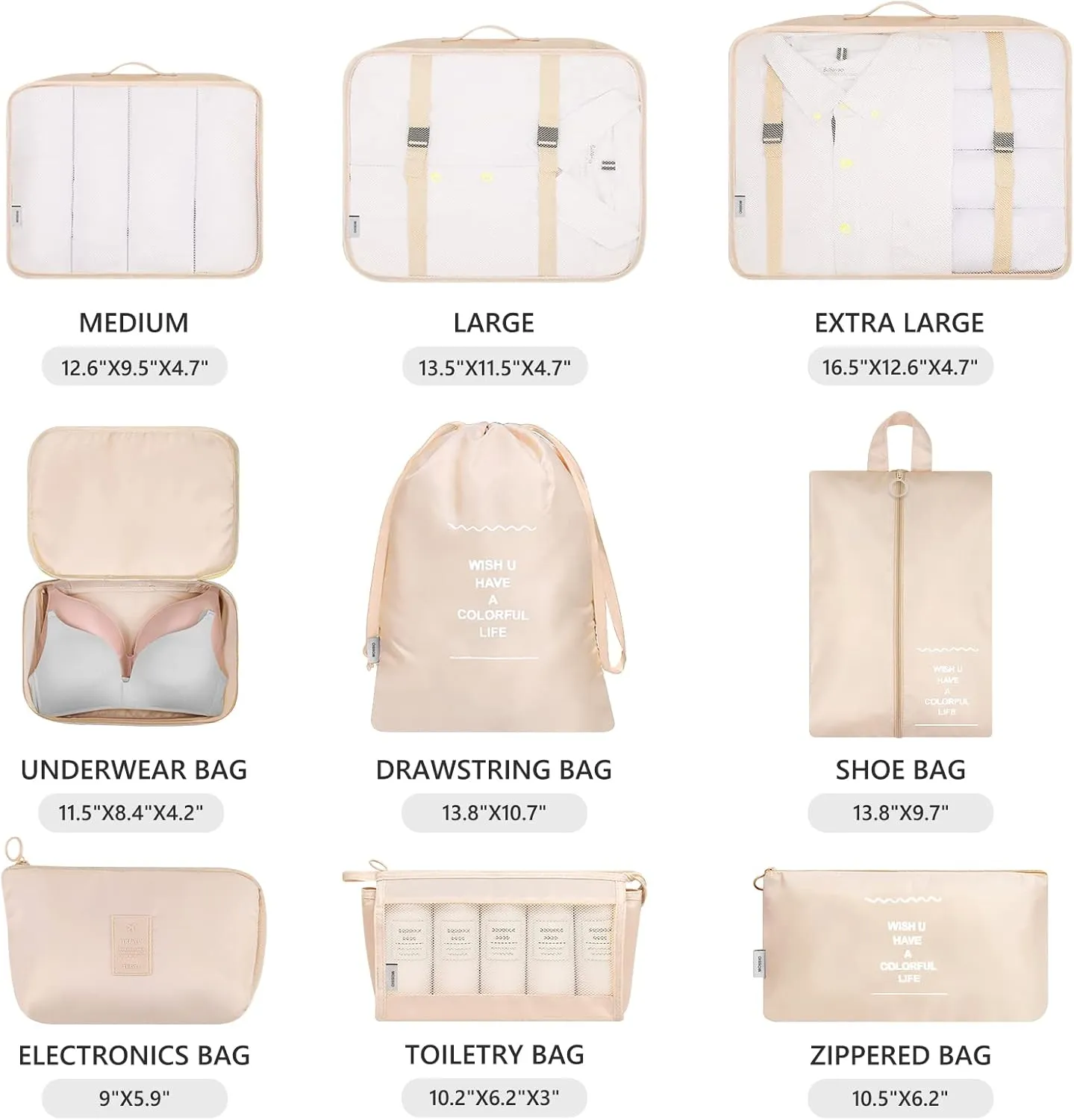 Mossio 9 Set Packing Cubes with Shoe Bag & Electronics Bag - Luggage Organizers Suitcase Travel Accessories