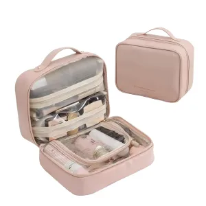 Multi Compartment Toiletry Cosmetic Bag, PU Large Makeup Bag with Compartments, Set Patient Travel Makeup Bag for Women & Girls (Pink)