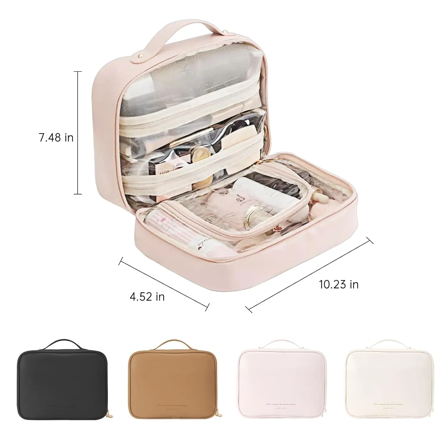 Multi Compartment Toiletry Cosmetic Bag, PU Large Makeup Bag with Compartments, Set Patient Travel Makeup Bag for Women & Girls (Pink)