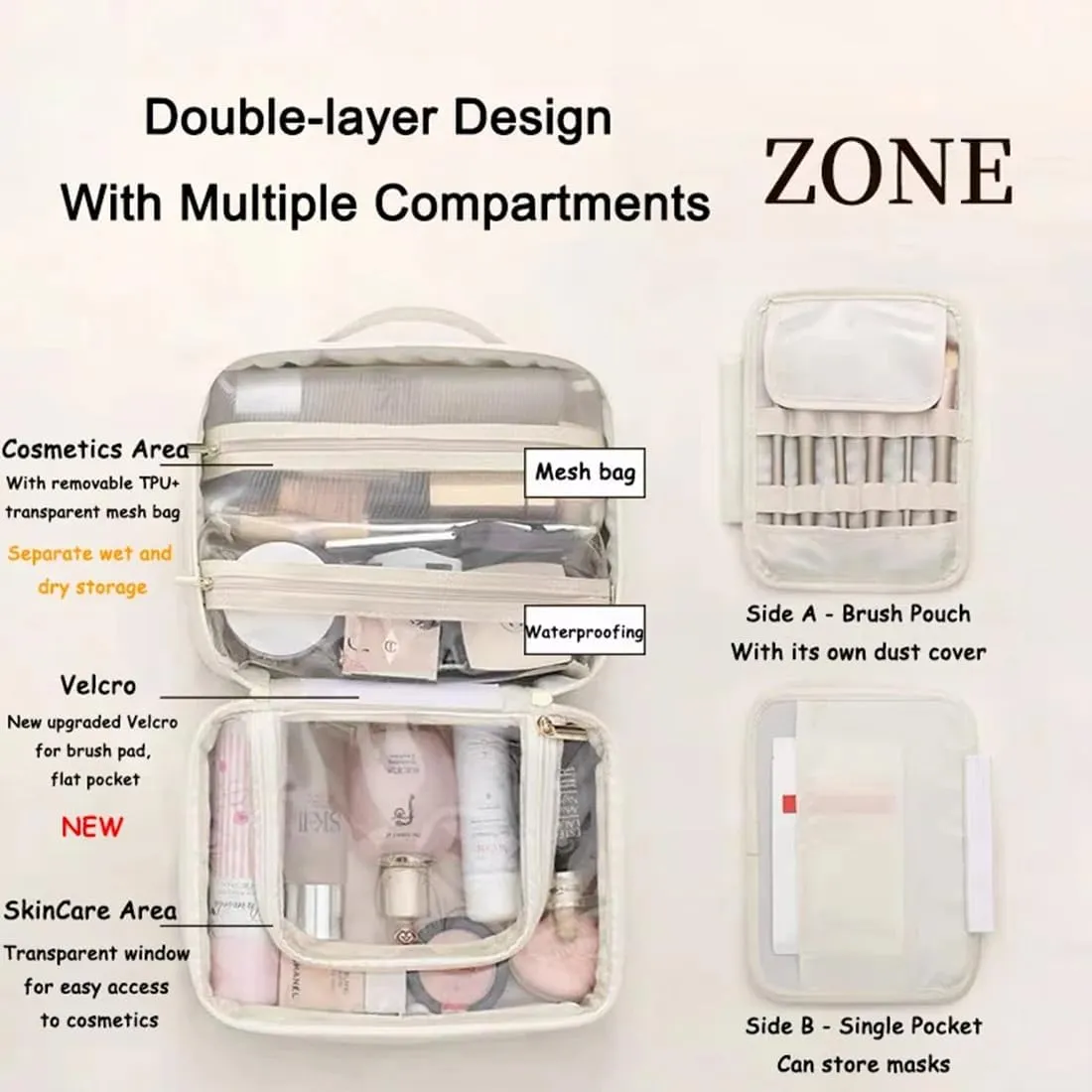 Multi Compartment Toiletry Cosmetic Bag, Super Large Capacity Multi Compartment Toiletry Bag, Multi-Compartment Toiletry Cosmetics Bag With Interlayer, Handle, Waterproof Pu Leather (2Pcs-B)