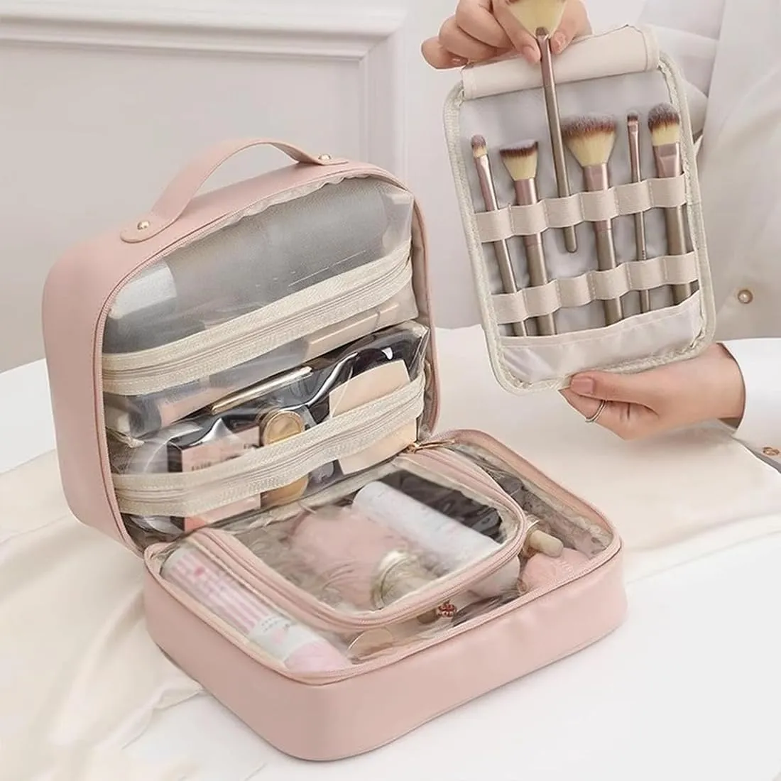 Multi Compartment Toiletry Cosmetic Bag, Super Large Capacity Multi Compartment Toiletry Bag, Multi-Compartment Toiletry Cosmetics Bag With Interlayer, Handle, Waterproof Pu Leather (2Pcs-B)