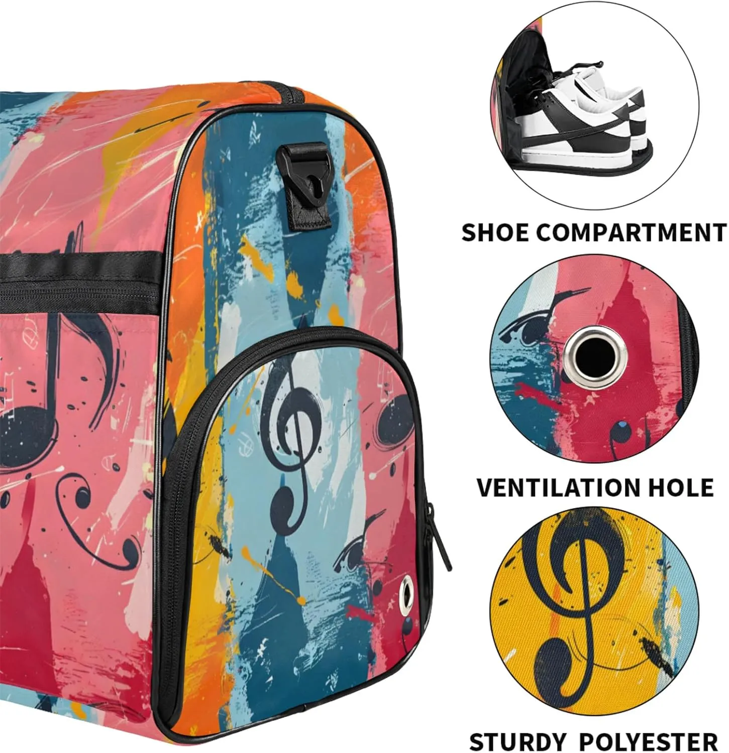 Music Gym Duffle Bag for Women,Waterproof Sports Note Duffle Bags Travel Weekender Bags for Men Women Overnight Bag with Shoes Compartment