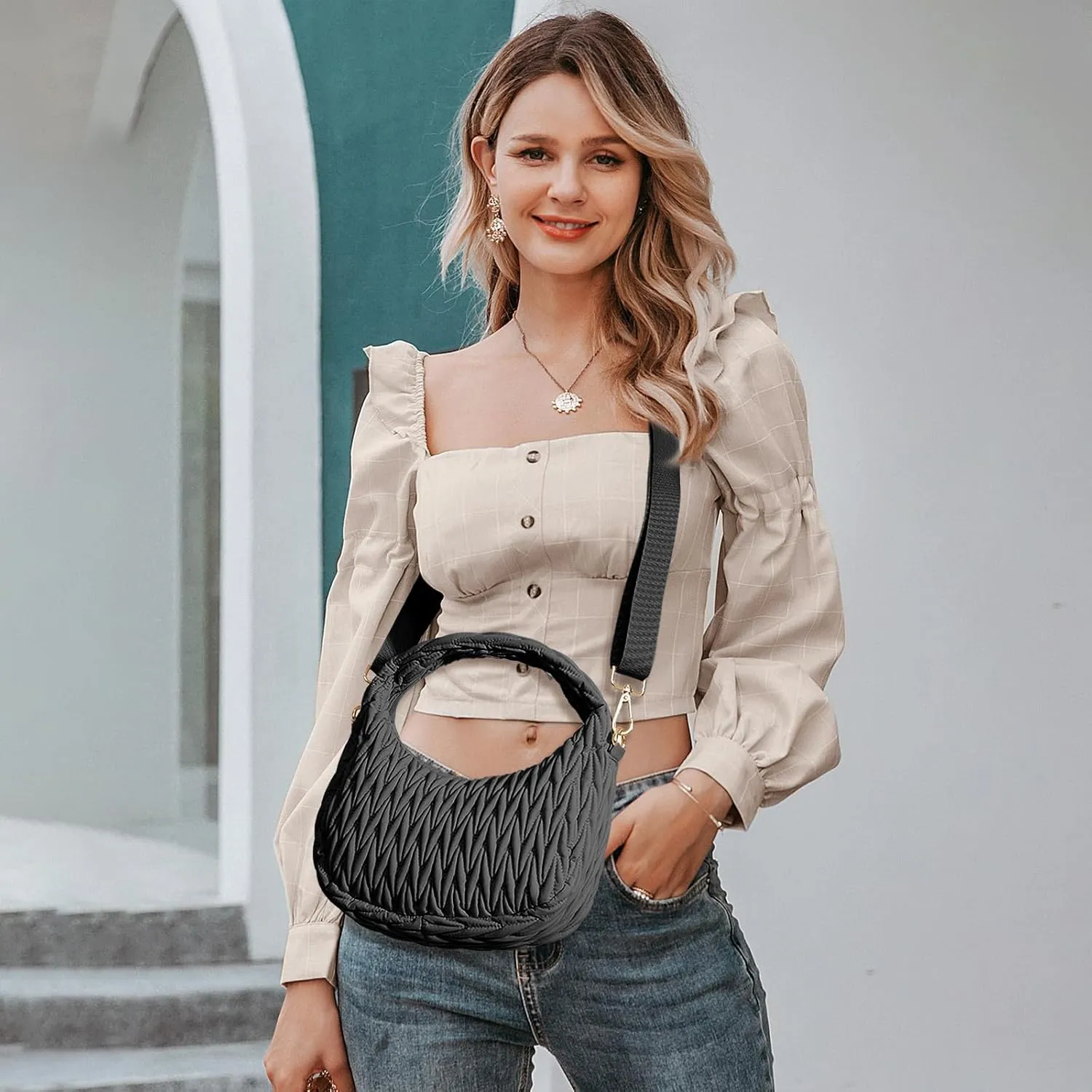 NAARIIAN Small Puffer Purse for Women Quilted Puffer Shoulder Bag Lightweight Crescent Bag for Casual, Travel