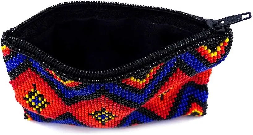 Native American Inspired Diamond Pattern Czech Glass Seed Beaded Coin Purse Zipper Pouch - Womens Fashion Handmade Bags Tribal Travel Accessories (Blue)