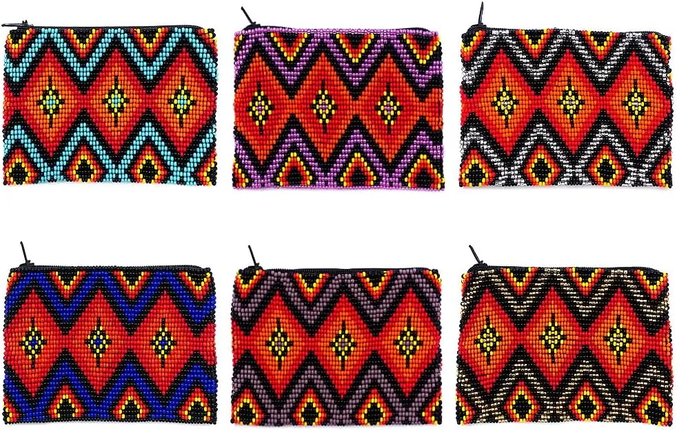 Native American Inspired Diamond Pattern Czech Glass Seed Beaded Coin Purse Zipper Pouch - Womens Fashion Handmade Bags Tribal Travel Accessories (Blue)