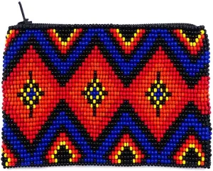 Native American Inspired Diamond Pattern Czech Glass Seed Beaded Coin Purse Zipper Pouch - Womens Fashion Handmade Bags Tribal Travel Accessories (Blue)