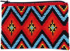Native American Inspired Diamond Pattern Czech Glass Seed Beaded Coin Purse Zipper Pouch - Womens Fashion Handmade Bags Tribal Travel Accessories (Light Blue)