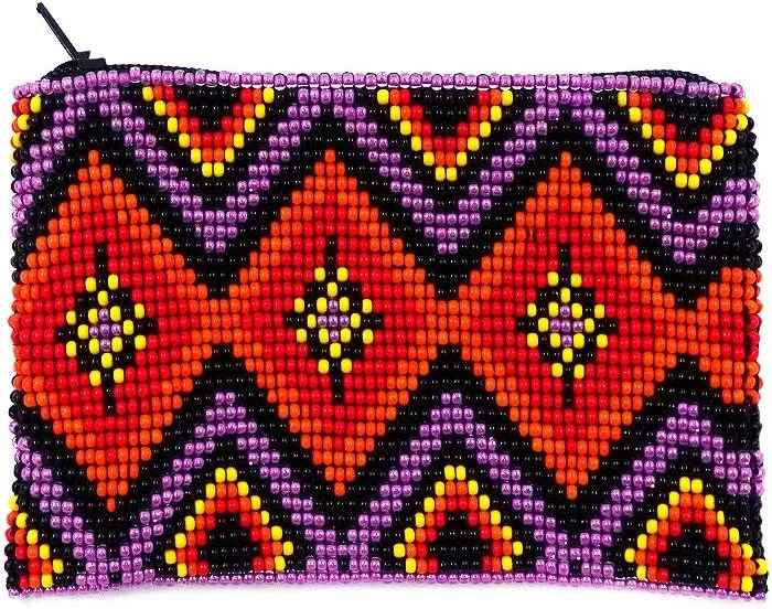 Native American Inspired Diamond Pattern Czech Glass Seed Beaded Coin Purse Zipper Pouch - Womens Fashion Handmade Bags Tribal Travel Accessories (Pink)