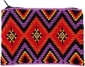 Native American Inspired Diamond Pattern Czech Glass Seed Beaded Coin Purse Zipper Pouch - Womens Fashion Handmade Bags Tribal Travel Accessories (Pink)