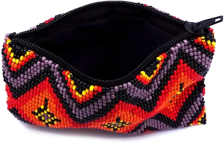Native American Inspired Diamond Pattern Czech Glass Seed Beaded Coin Purse Zipper Pouch - Womens Fashion Handmade Bags Tribal Travel Accessories (Purple)