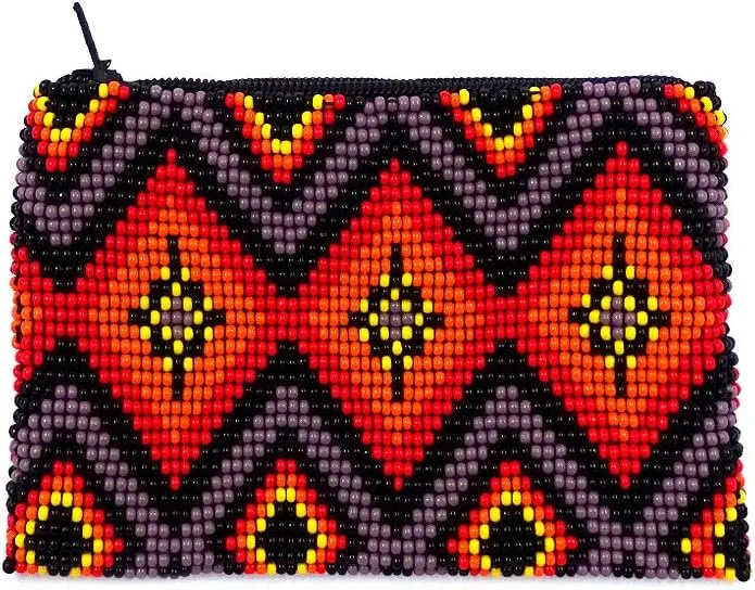 Native American Inspired Diamond Pattern Czech Glass Seed Beaded Coin Purse Zipper Pouch - Womens Fashion Handmade Bags Tribal Travel Accessories (Purple)