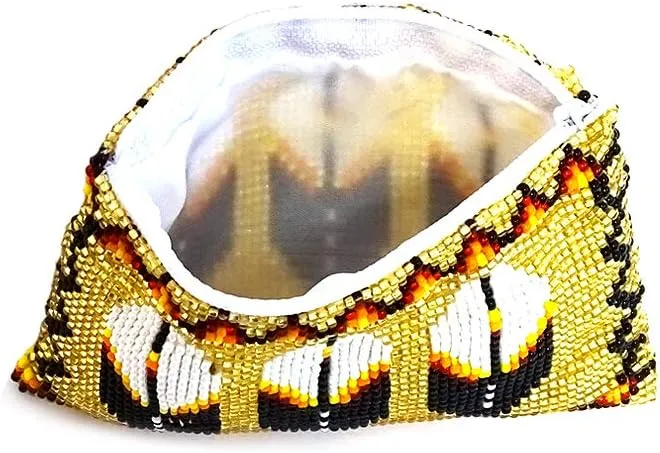 Native American Inspired Feather Czech Glass Seed Bead Coin Purse Pouch - Handmade Tribal Bags (Gold)