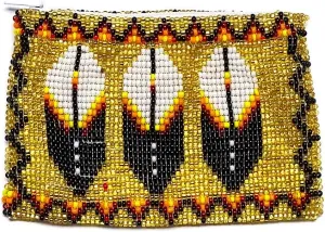Native American Inspired Feather Czech Glass Seed Bead Coin Purse Pouch - Handmade Tribal Bags (Gold)