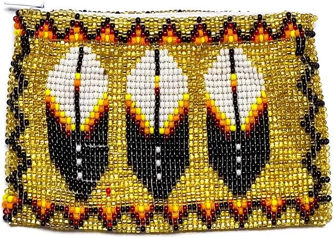 Native American Inspired Feather Czech Glass Seed Bead Coin Purse Pouch - Handmade Tribal Bags (Gold)