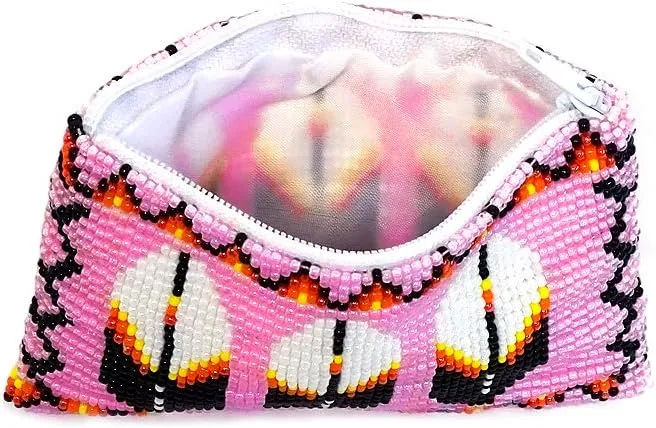 Native American Inspired Feather Czech Glass Seed Bead Coin Purse Pouch - Handmade Tribal Bags (Light Pink)