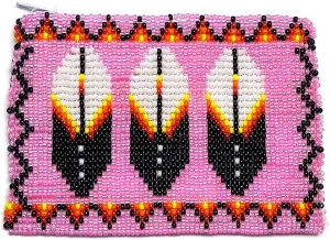 Native American Inspired Feather Czech Glass Seed Bead Coin Purse Pouch - Handmade Tribal Bags (Light Pink)