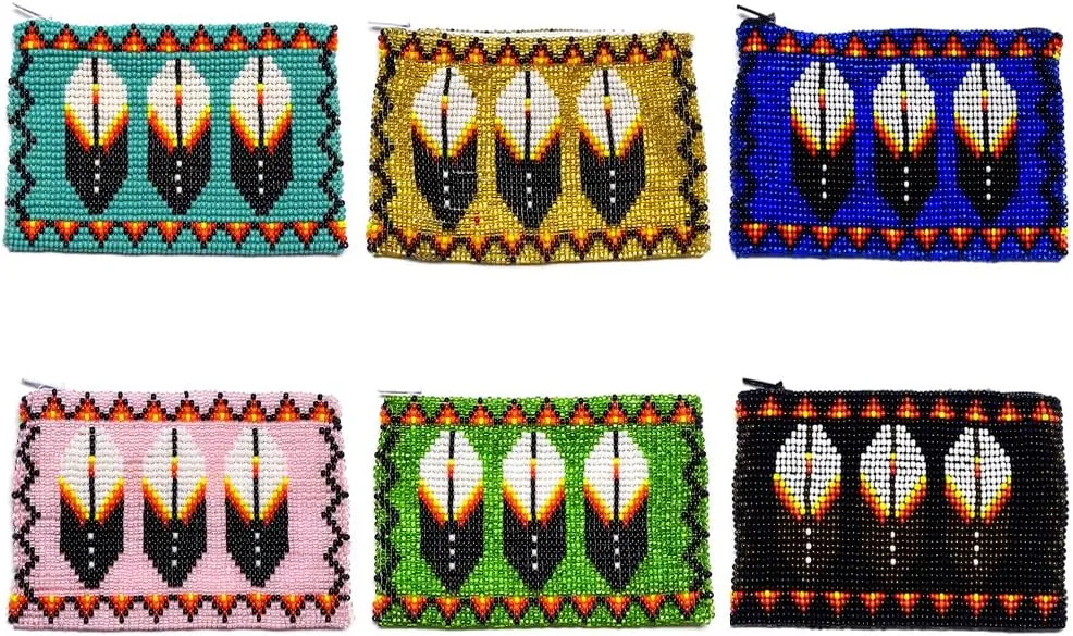 Native American Inspired Feather Czech Glass Seed Bead Coin Purse Pouch - Handmade Tribal Bags (Light Pink)