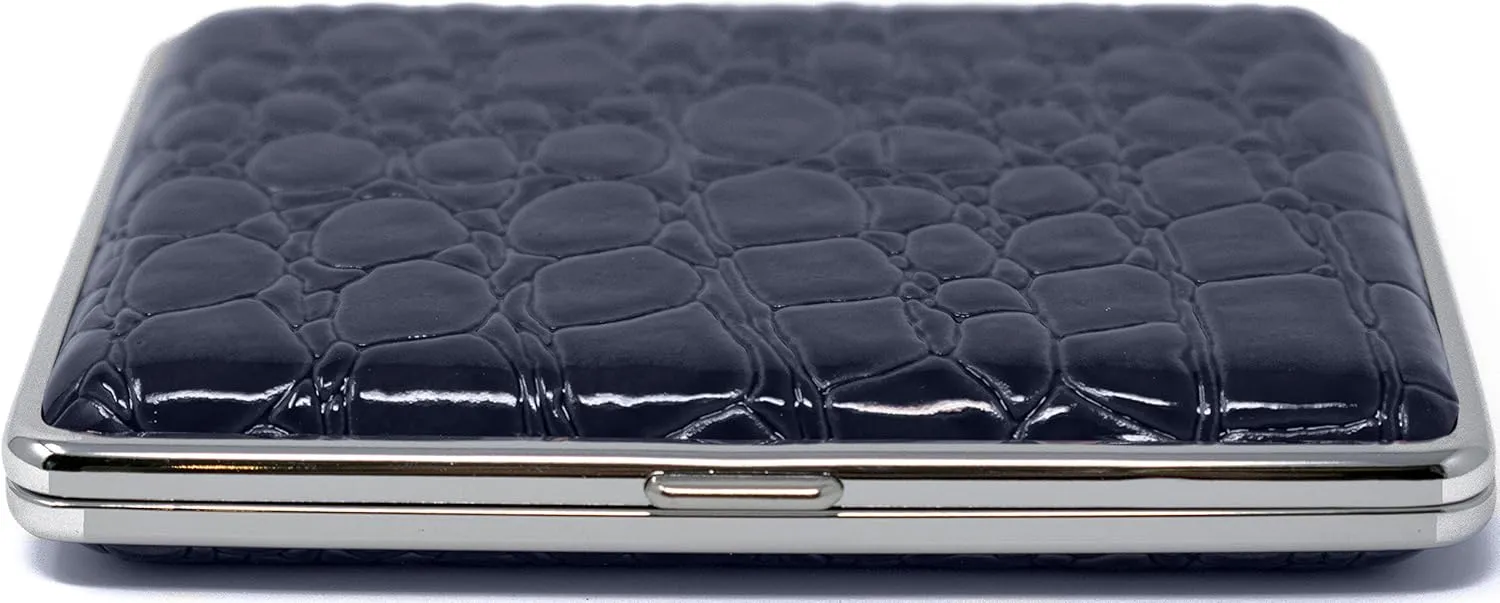 Navy Blue Crocodile Print Leather (Full Pack 100s) Metallic Cigarette Case & Stash Box