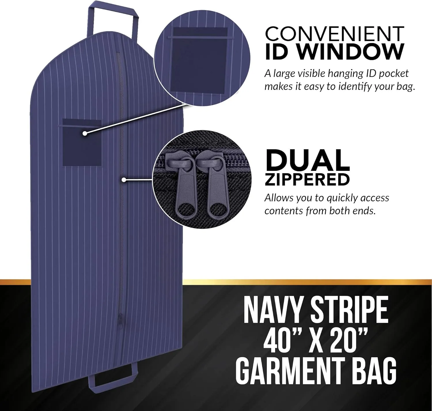 Navy Suit Garment Travel Bags -ID Tag Window, Durable Heavy Duty, Lightweight
