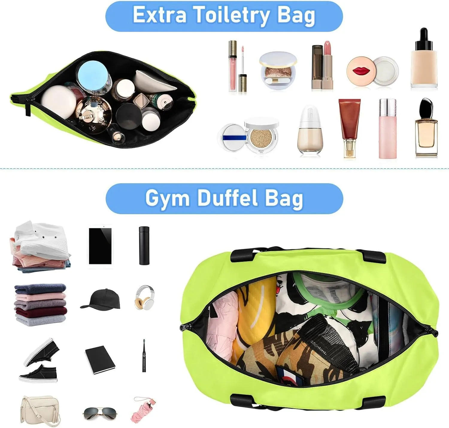 Neon Yellow Gym Bag for Women Men Travel Duffel Bag with Shoe Compartment Carry On Weekender Overnight Bags for Airline Travel Under Seat
