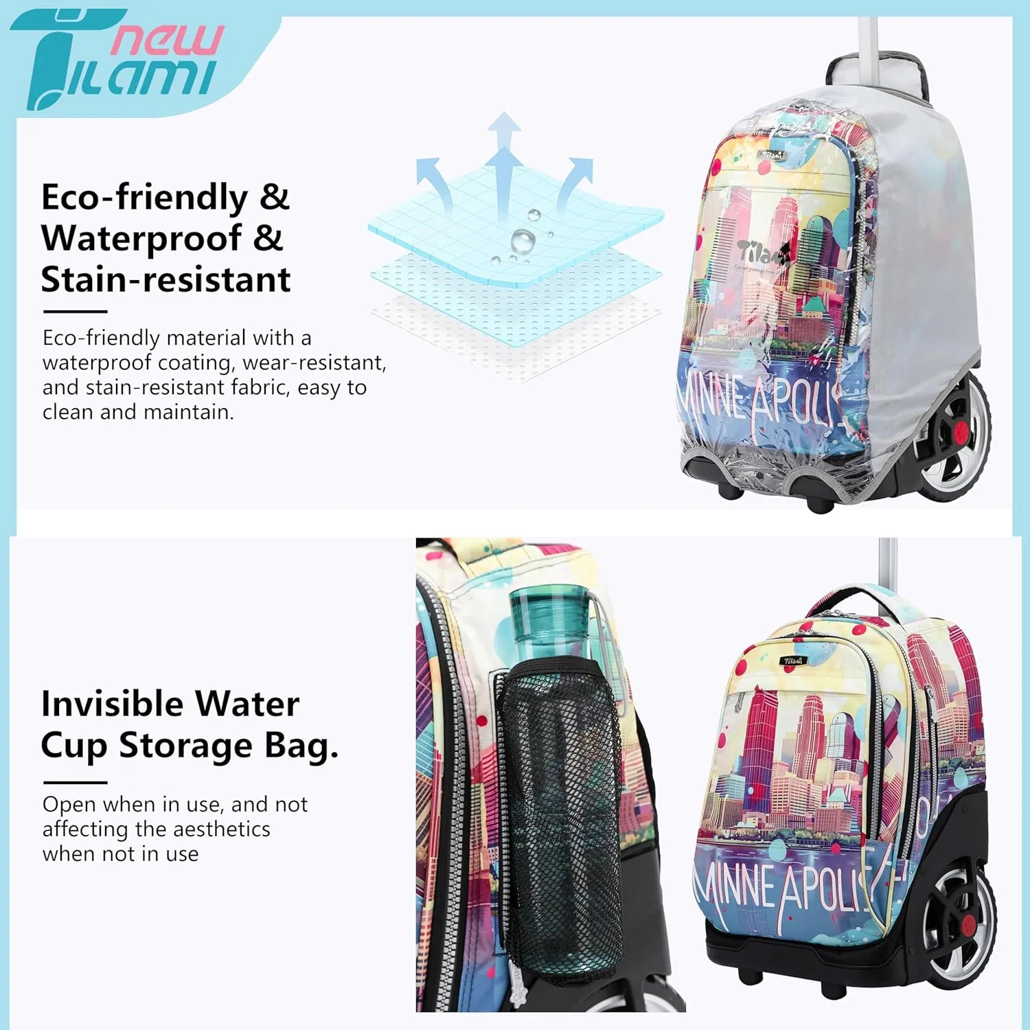 NEW TILAMI 19 Inch Rolling Backpack with Matching Lunch Bag Durable for Girls and Boys Wheeled Laptop Backpack Carry-on Bag School Travel, City (No USB interface)