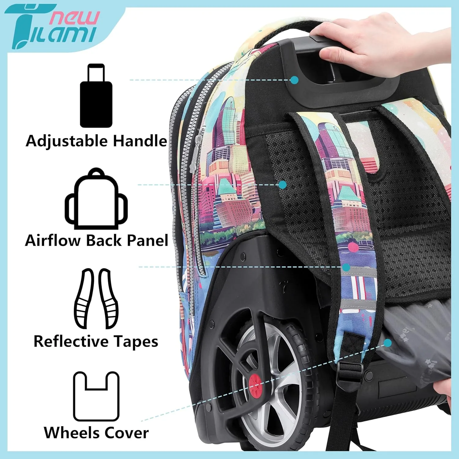 NEW TILAMI 19 Inch Rolling Backpack with Matching Lunch Bag Durable for Girls and Boys Wheeled Laptop Backpack Carry-on Bag School Travel, City (No USB interface)