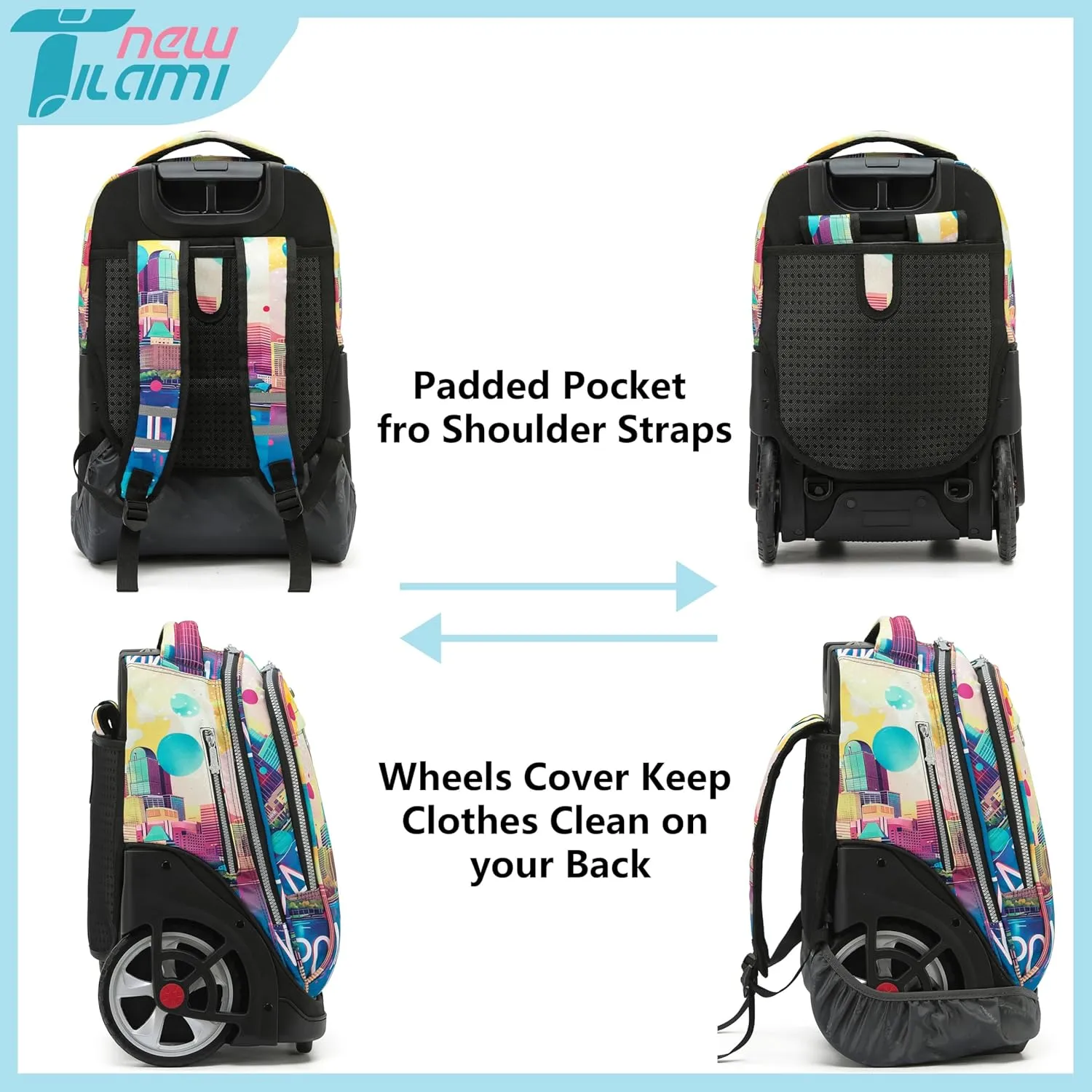 NEW TILAMI 19 Inch Rolling Backpack with Matching Lunch Bag Durable for Girls and Boys Wheeled Laptop Backpack Carry-on Bag School Travel, City (No USB interface)