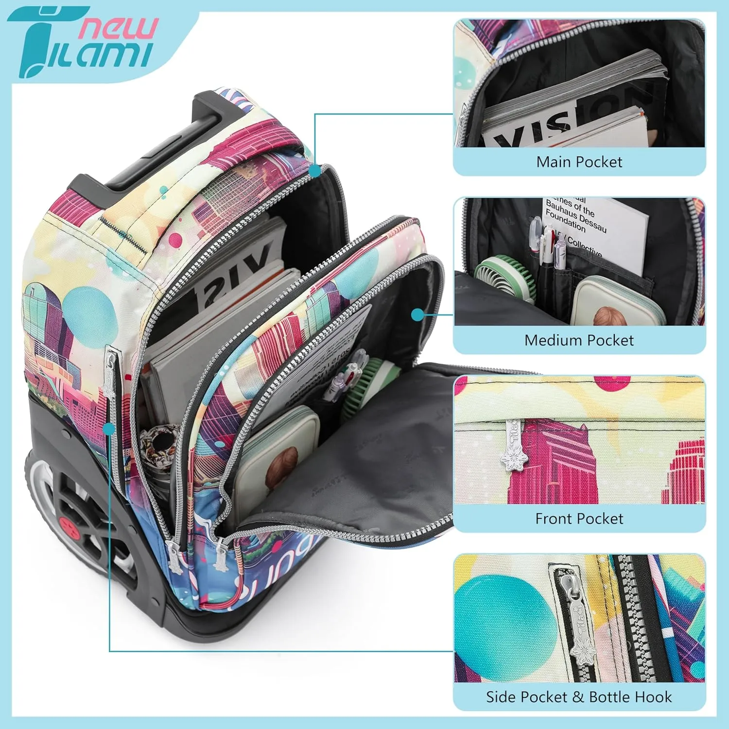 NEW TILAMI 19 Inch Rolling Backpack with Matching Lunch Bag Durable for Girls and Boys Wheeled Laptop Backpack Carry-on Bag School Travel, City (No USB interface)